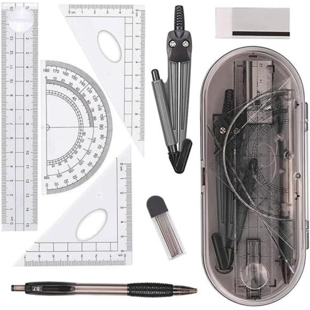 Math Geometry Kit Set, 8 Pieces w/ Shatterproof Storage Box - Rulers, Protractor - Picture 7 of 7